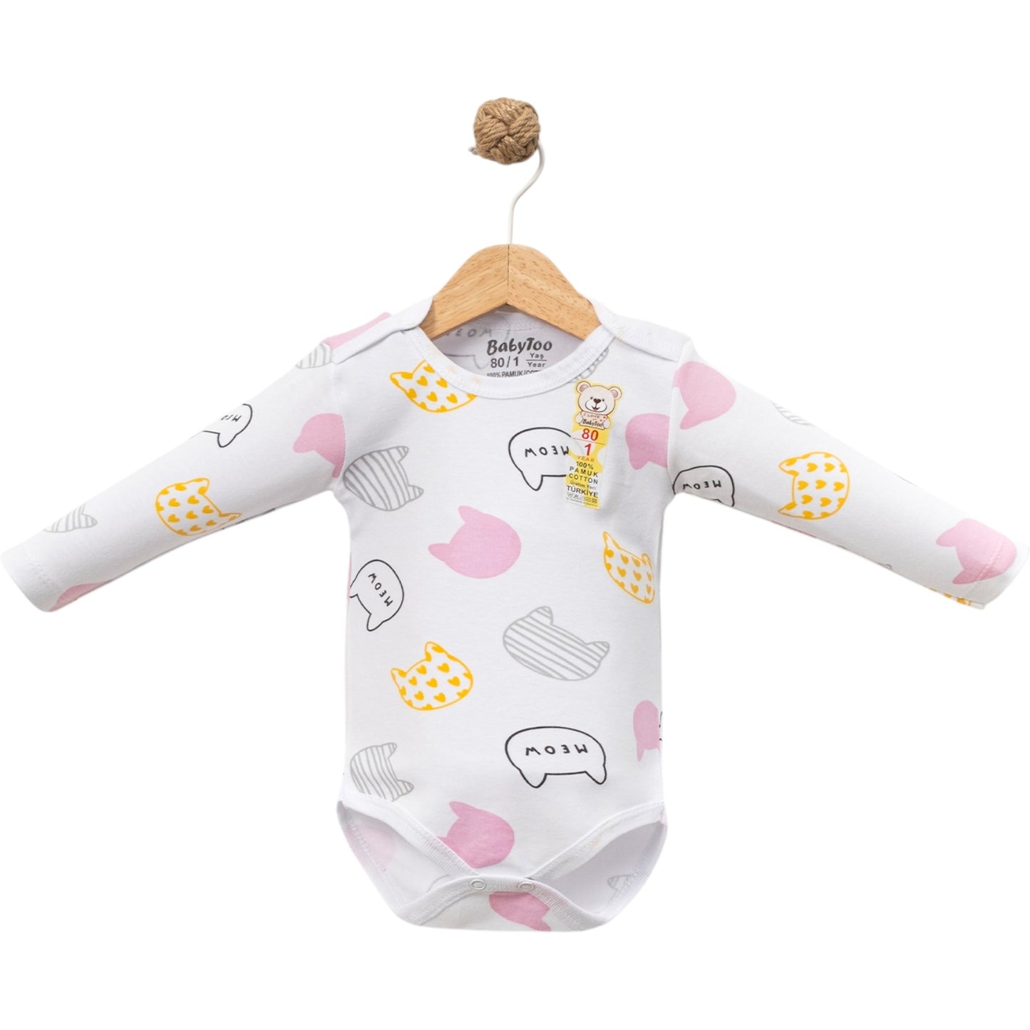 1-9 Ay Kız Kedi Desenli Uzun Kollu Badi