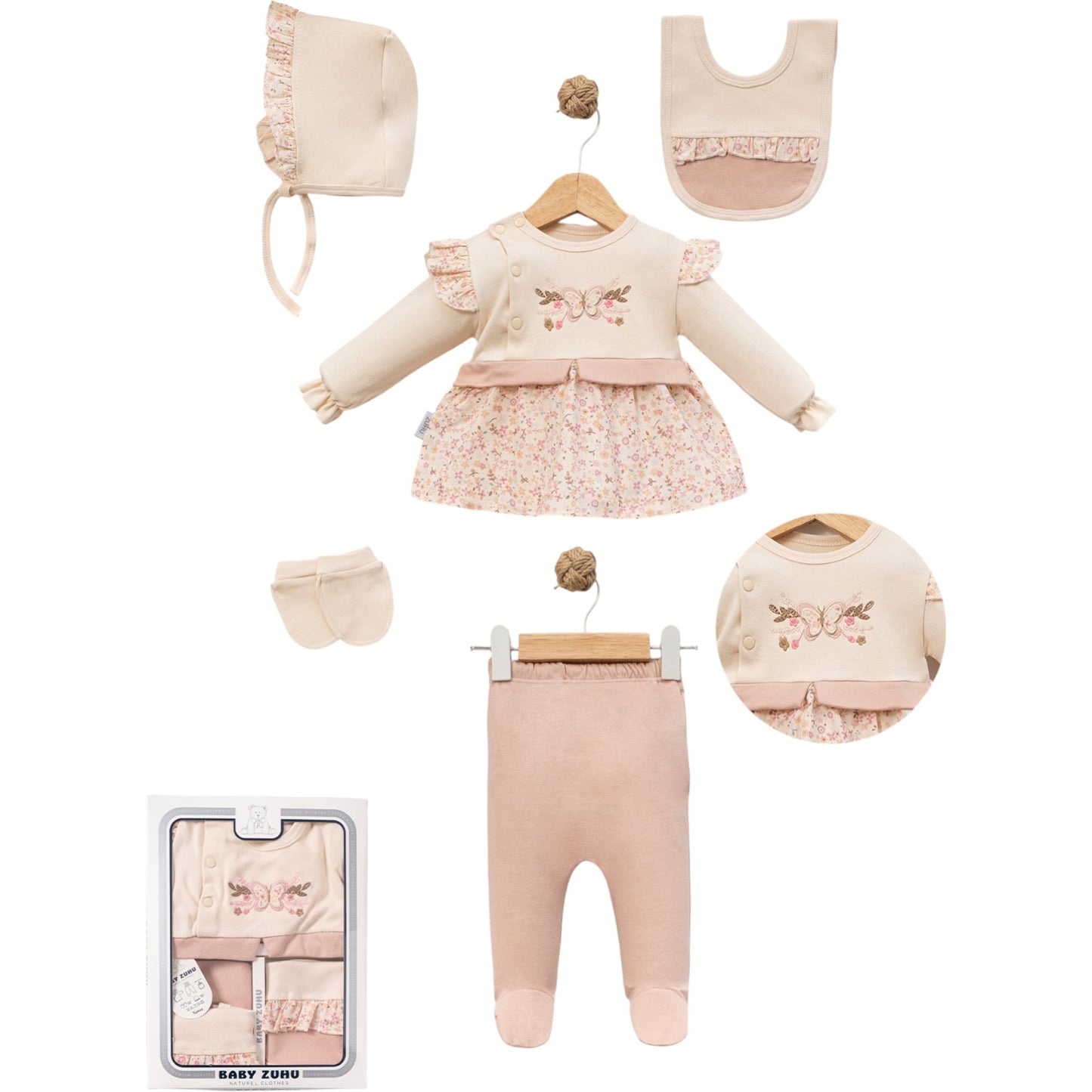 1-3 Ay Kız 5'li Yavruağzı Çıtır Çiçekli Kelebek Desenli Zıbın Seti