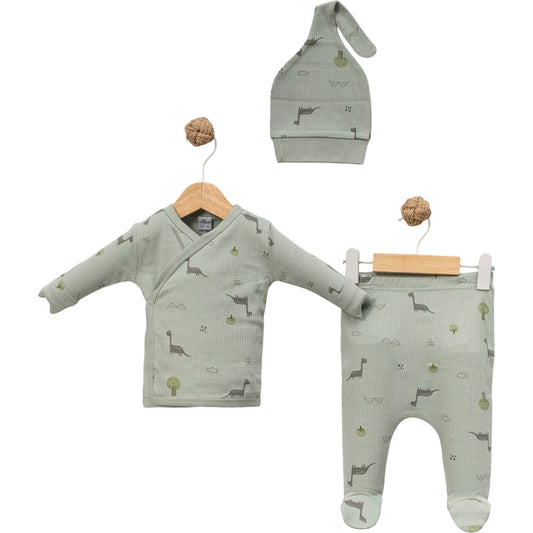 0-3 Ay Erkek Dinozorlu Koldan Eldivenli Patikli Zıbın Seti