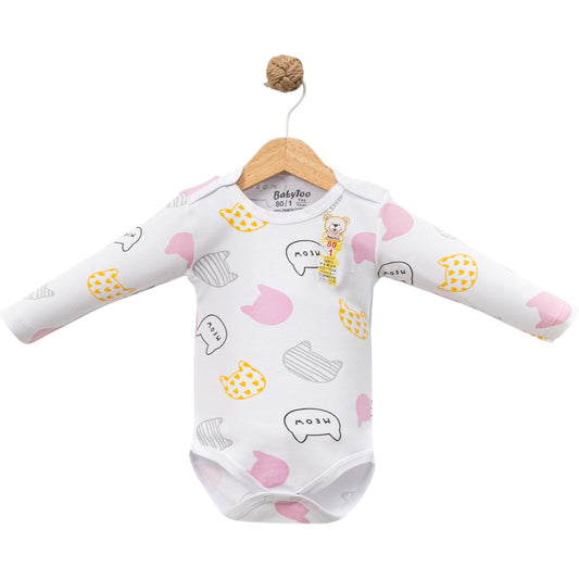 1-9 Ay Kız Kedi Desenli Uzun Kollu Badi